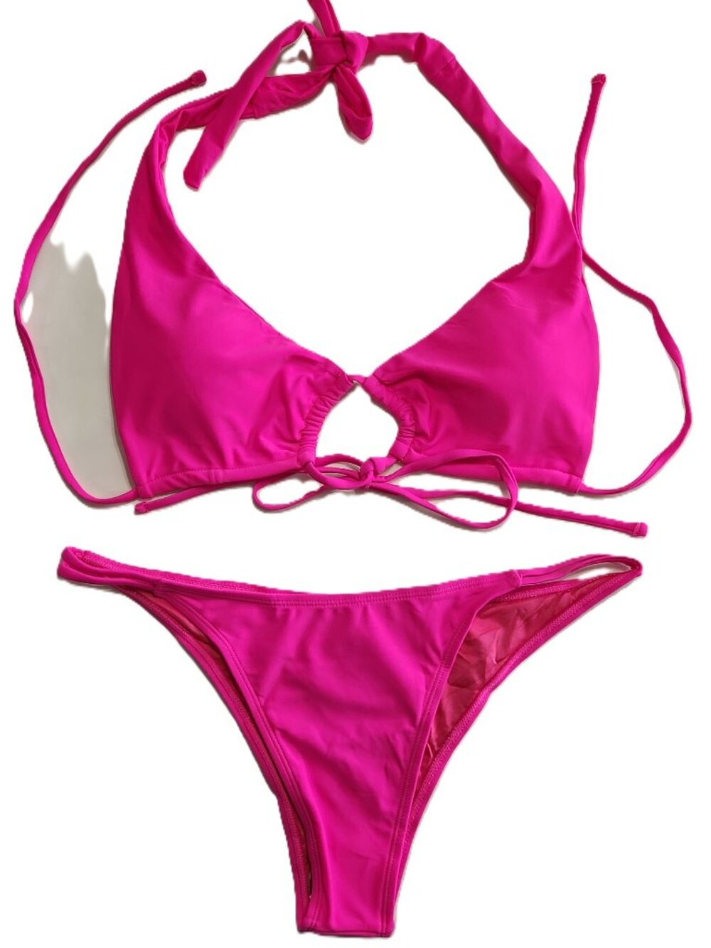 Women's 2 Piece Pink Halter Tie Bikini Swimsuit with Cheeky Cut Out - Size L